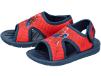 Sandálias de borracha Spiderman licenciadas para crianças, com design de teia vermelha e detalhes azuis.