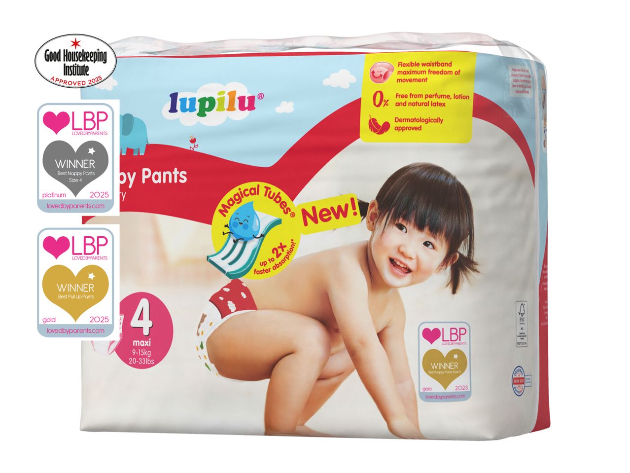 Inspire Baby Pants diapers, size 4, shown on packaging with a baby model.