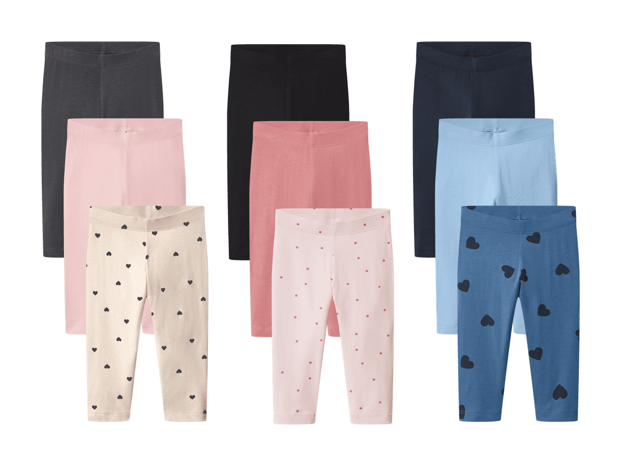Ni par leggings til babyer i forskellige farver og mønstre, herunder hjerter og prikker.