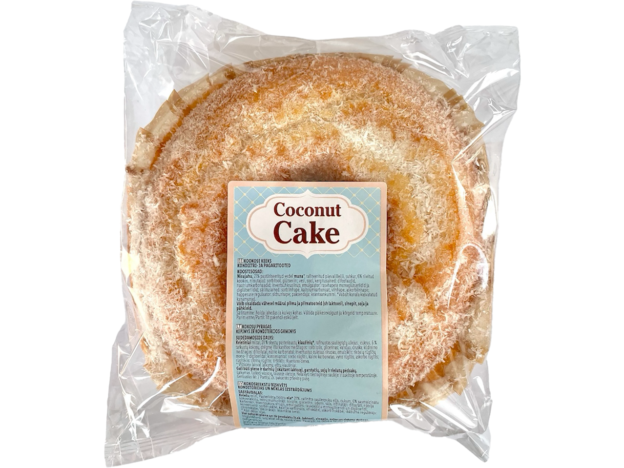 Kokosų pyragas permatomoje pakuotėje su etikete, kurioje nurodyta produkto informacija.