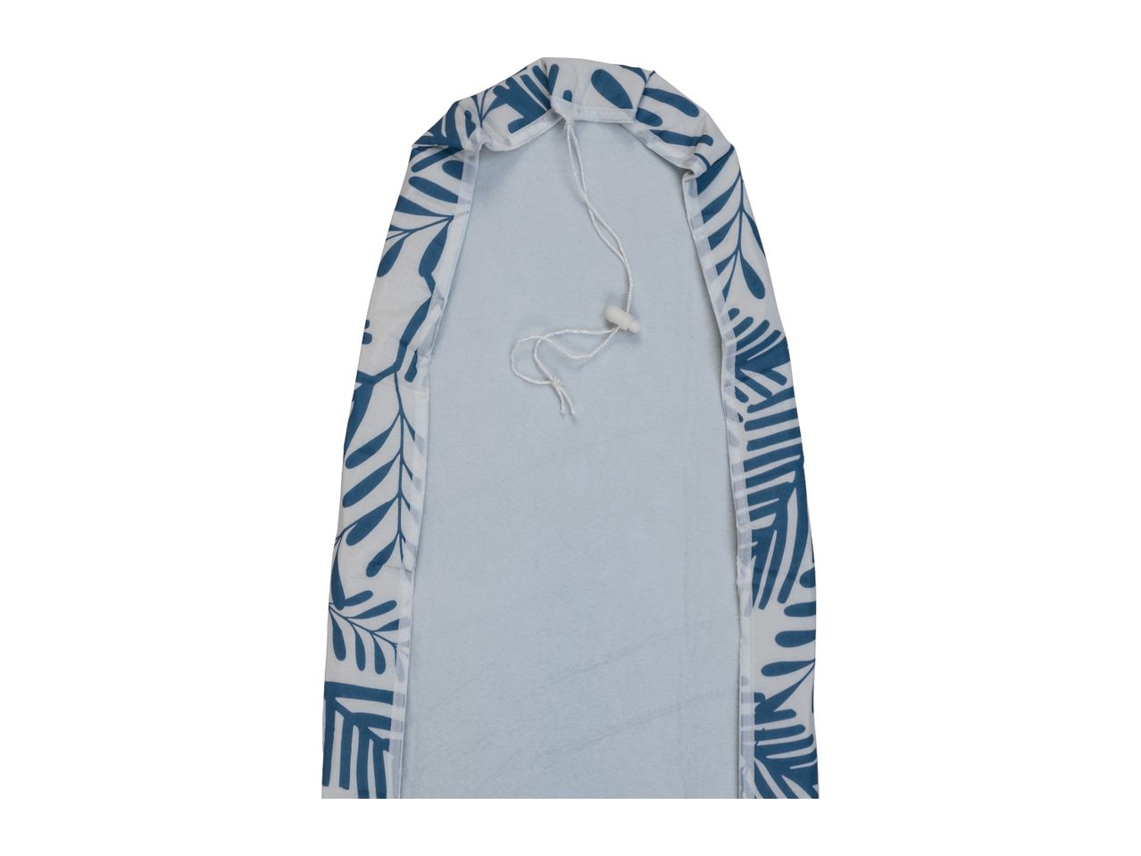 Ironing board cover with blue leaf pattern and drawstring