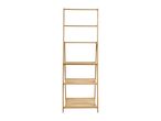 Tall, light wood, five-tier ladder shelf with slatted shelves.
