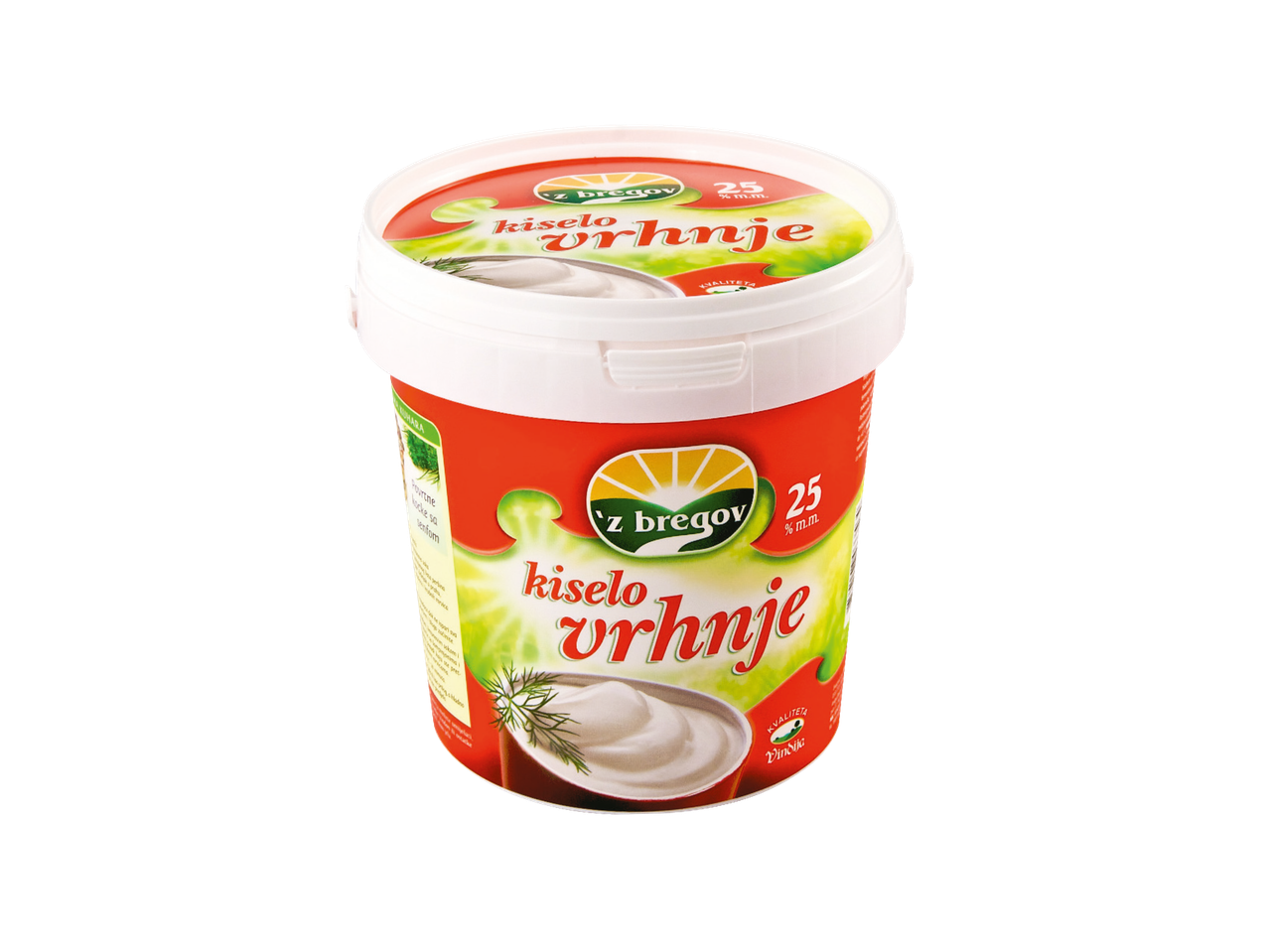 Z bregov kiselo vrhnje 25% m.m. u bijeloj plastičnoj posudi s crvenom i zelenom etiketom.
