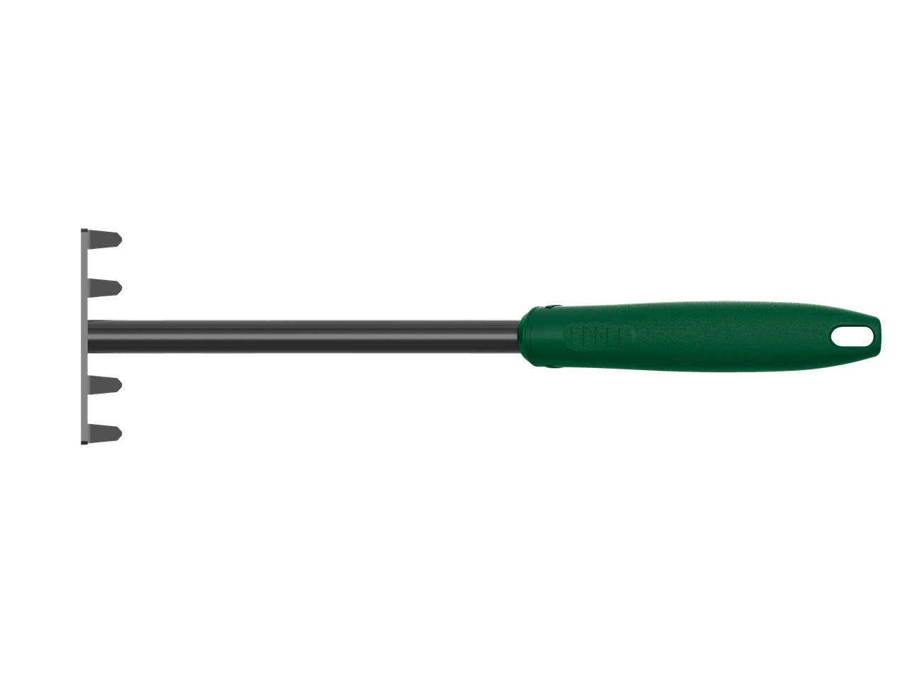 PARKSIDE® rankinis grėblys su žalia rankena ir pilkais dantimis.