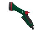 Green and red garden spray gun with a black nozzle and handle