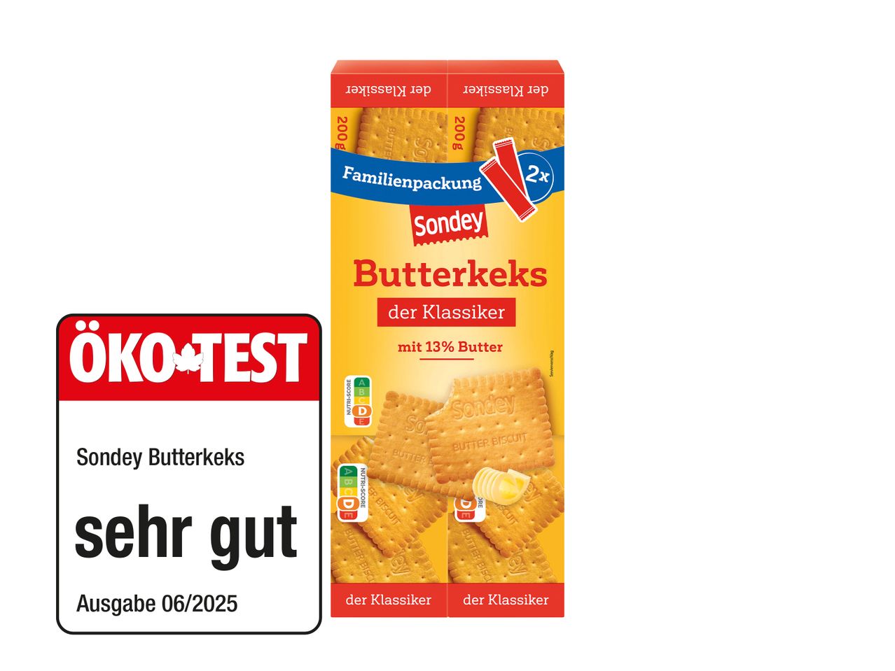 Sondey Butterkekse, 2x 200g Familienpackung, ausgezeichnet mit 'sehr gut' im ÖKO-TEST 06/2025.