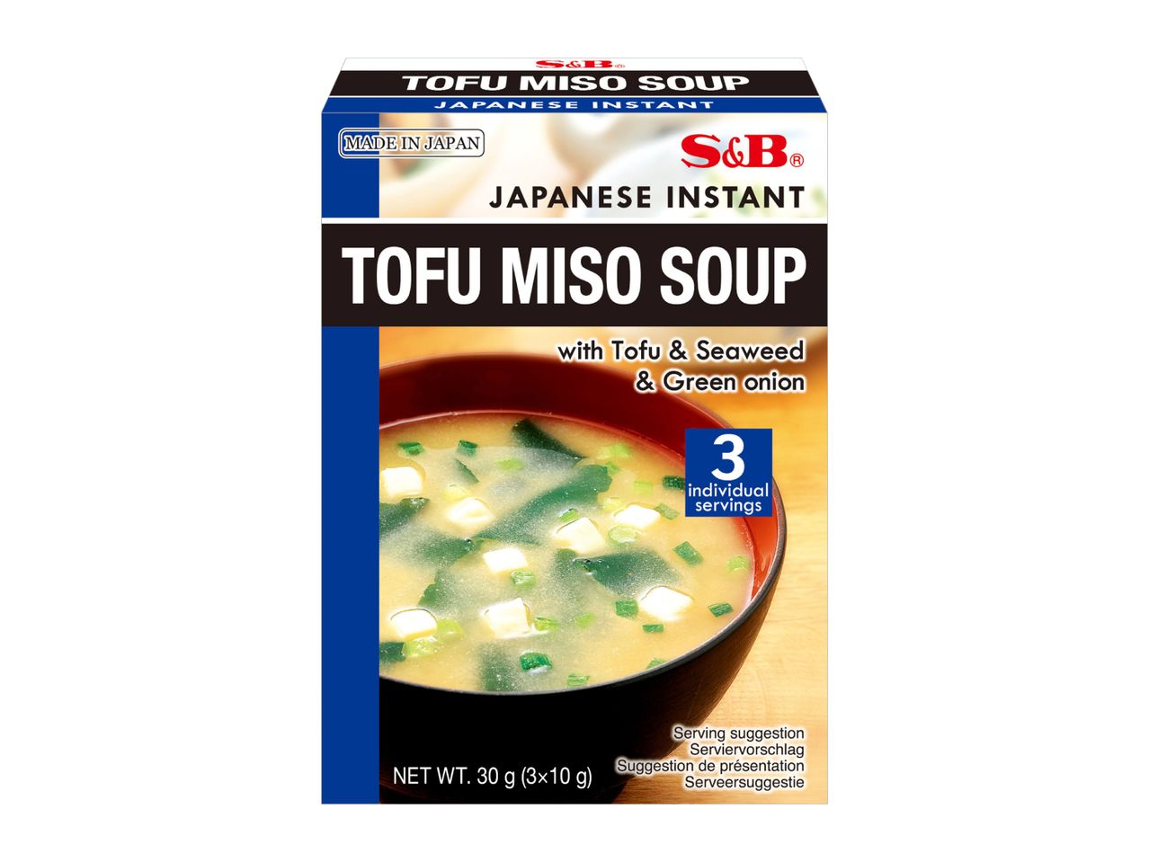 Instant Tofu Miso Soup box with 3 individual servings, featuring tofu, seaweed, and green onion.