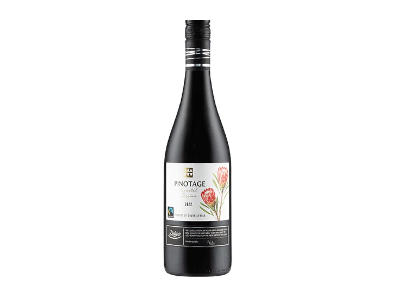 A dark bottle of Pinotage Coastal Region 2022 wine with a white label featuring a protea flower.