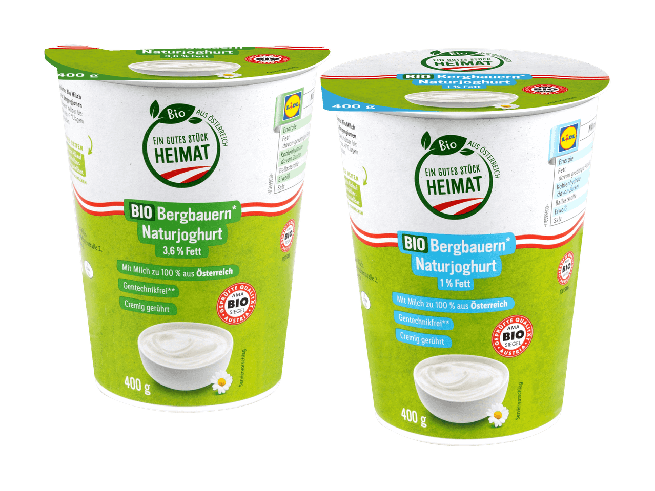 Zwei Becher Bio Bergbauern Naturjoghurt von Lidl, einer mit 3,6% und einer mit 1% Fett.