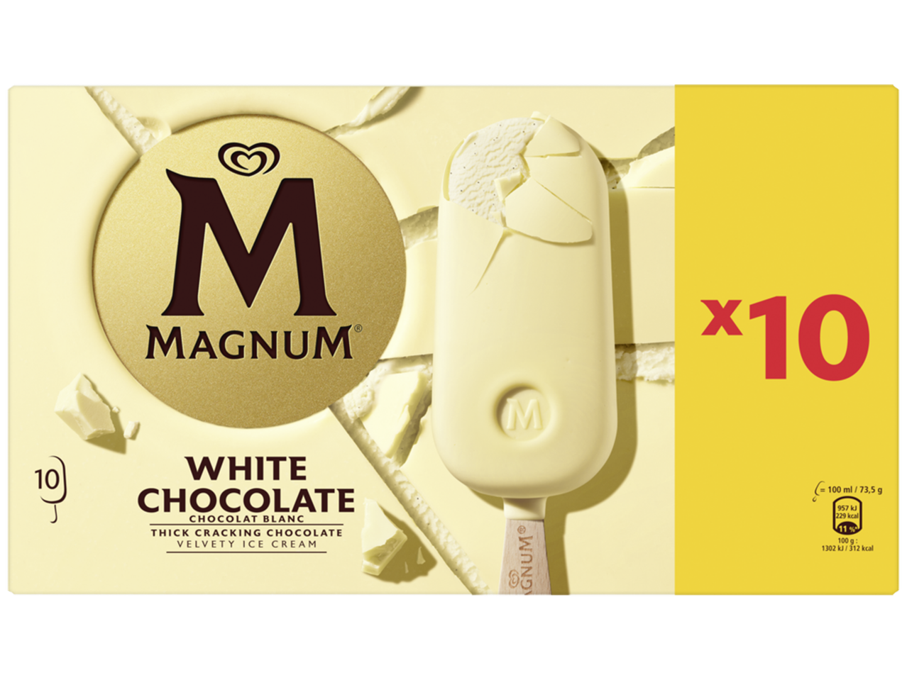 Boîte de 10 bâtonnets de glace au chocolat blanc, avec un bâtonnet cassé révélant la glace vanille.