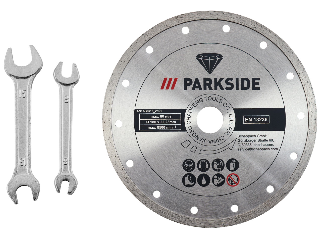 Диамантен диск Parkside и два гаечни ключа на черен фон.