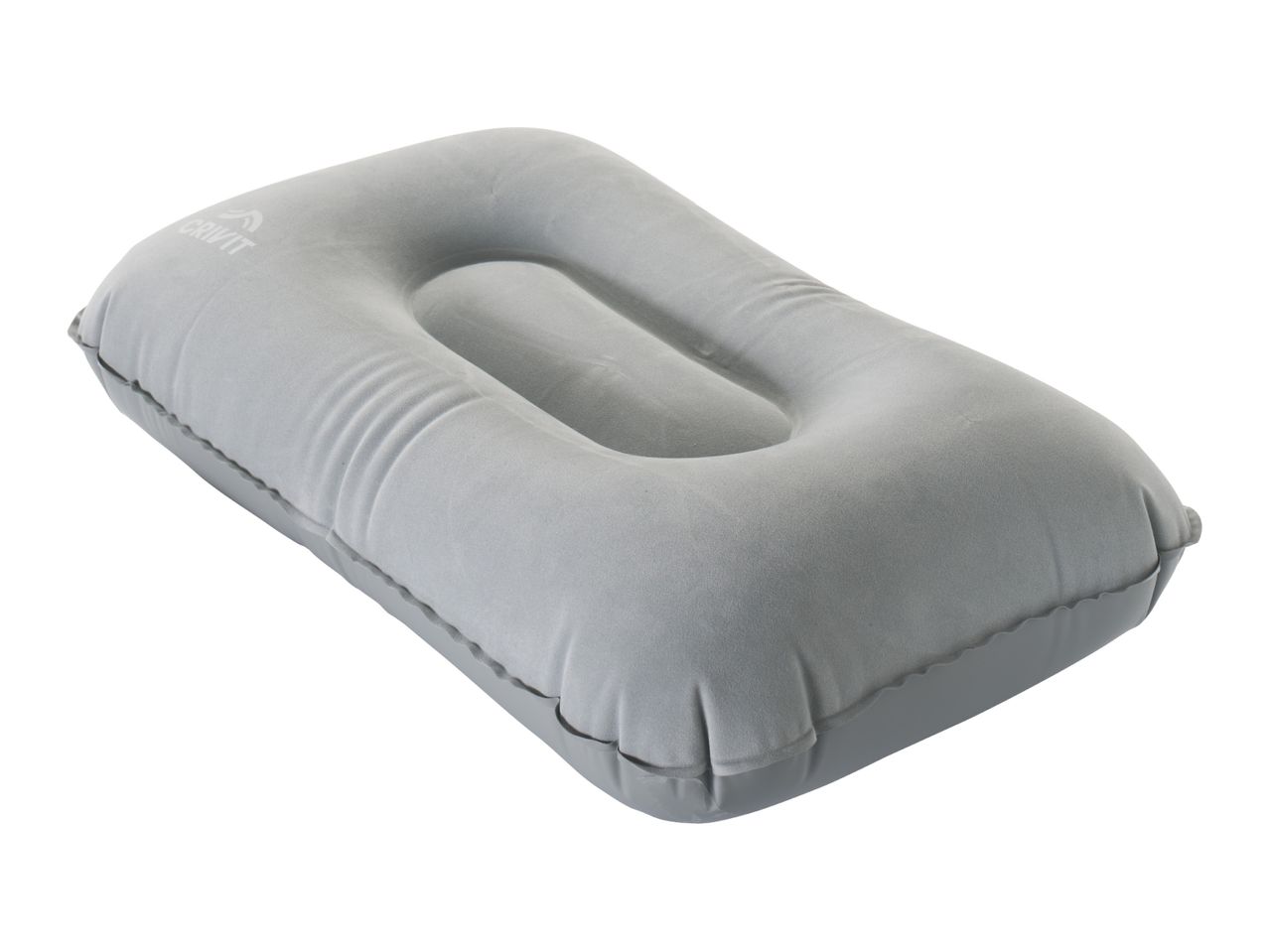 Grey inflatable camping pillow with a central indentation