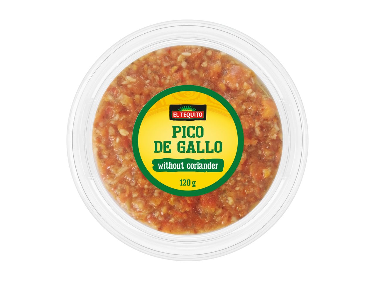 Pico de gallo without coriander in a clear plastic container, 120g.