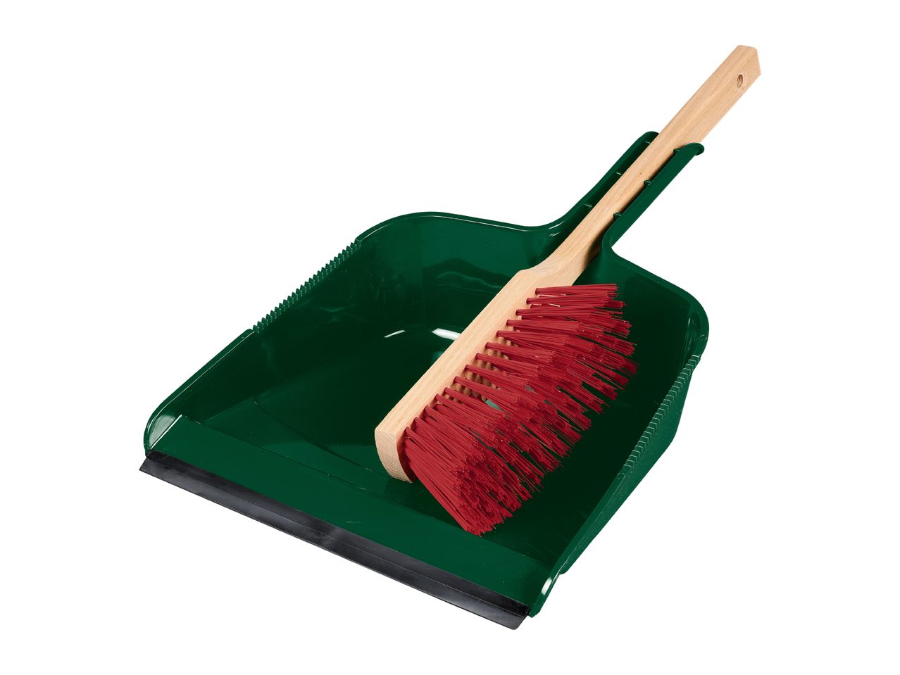 Green dustpan with a red and wood-handled brush