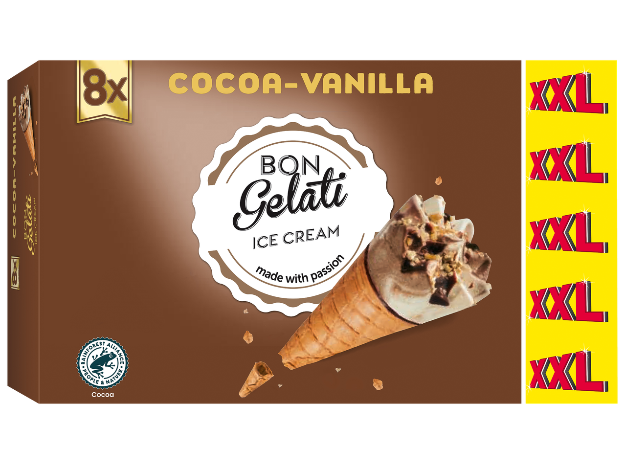 Кутия с 8 броя фунийки сладолед с вкус на какао и ванилия, с надпис XXL.