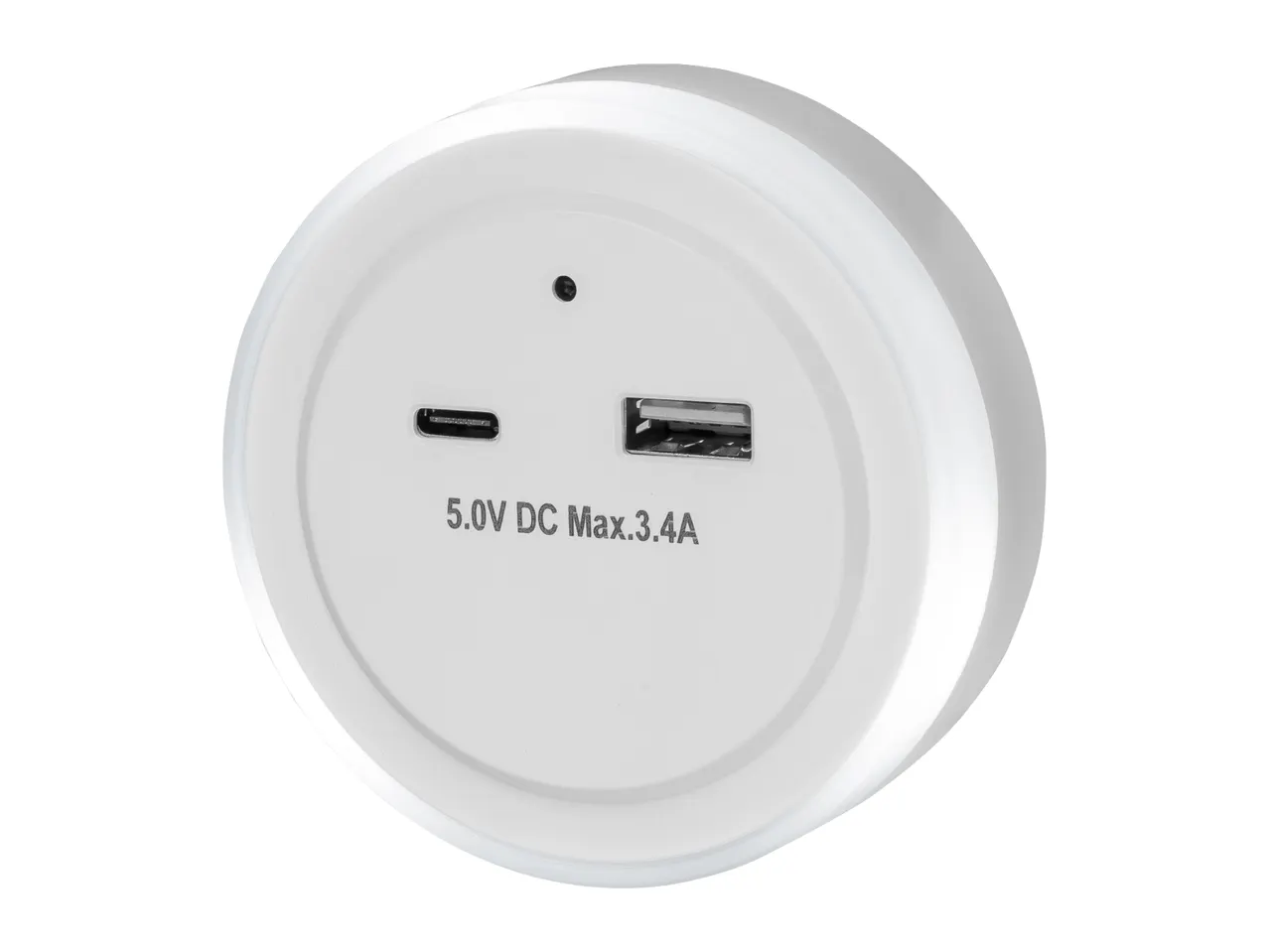 White circular USB charger with one USB-A and one USB-C port, labeled 5.0V DC Max.3.4A.