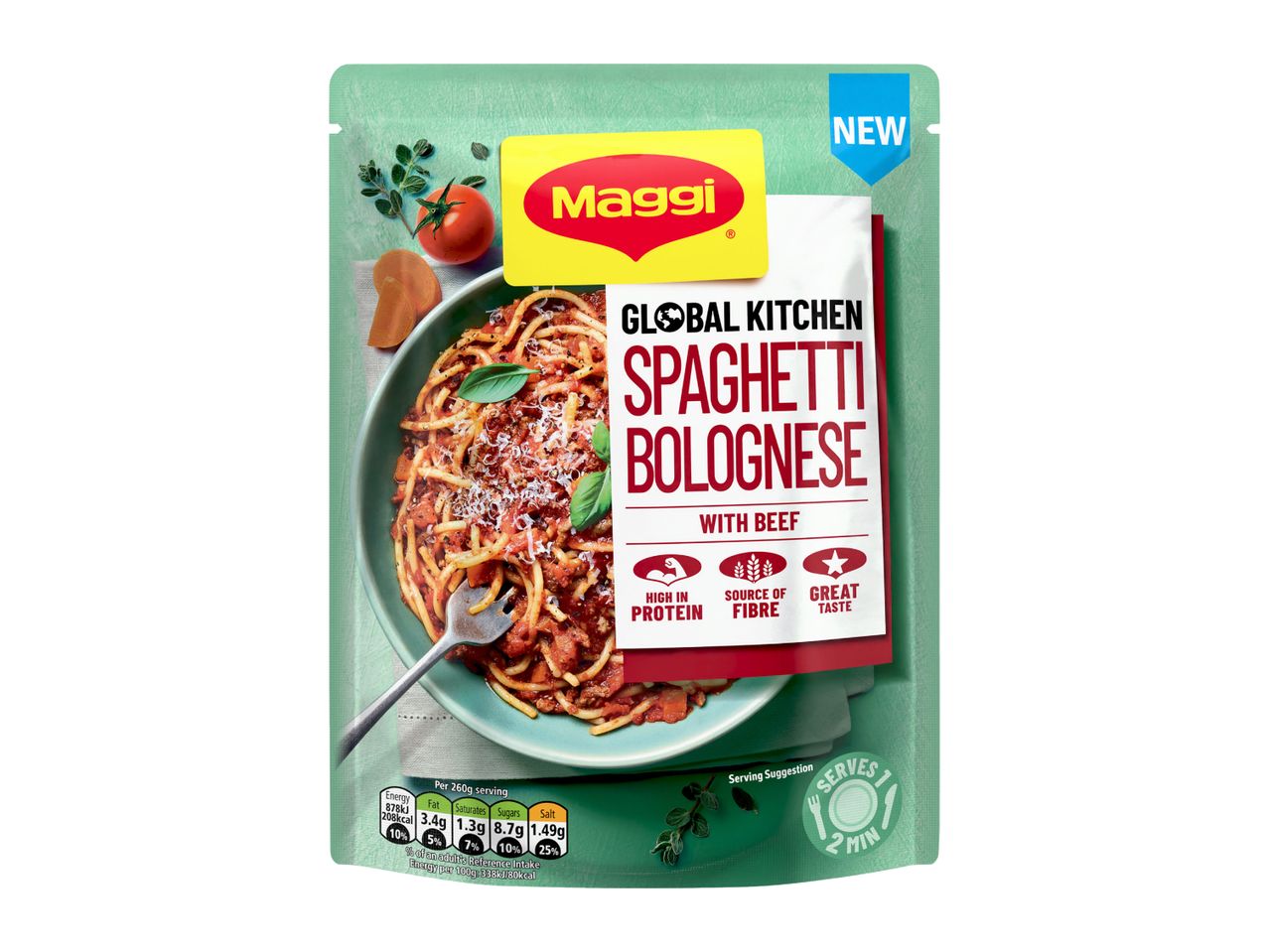 A pouch of ready-to-eat spaghetti bolognese with beef, serving one in two minutes.
