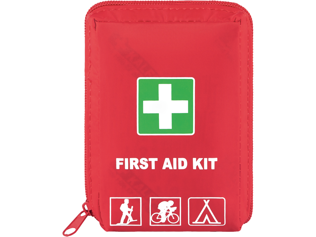 Piros elsősegélycsomag zöld kereszttel és túrázó, kerékpáros, sátor ikonokkal.