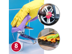 Luva amarela a limpar uma torneira, com imagens de limpeza de carros e cozinhas, e um selo '8 PACK'.