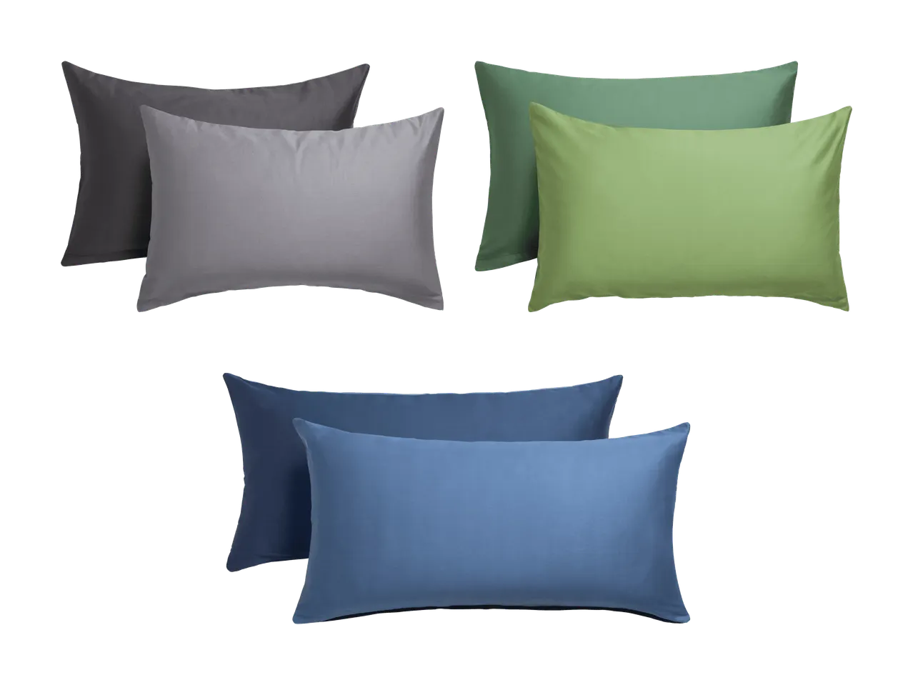 Trois ensembles d'oreillers dans différentes nuances de gris, vert et bleu.