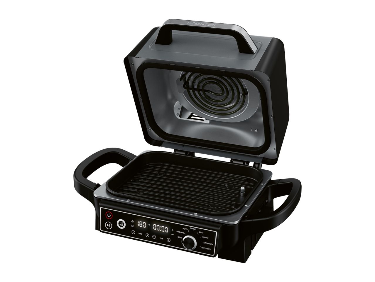 Open electric grill and air fryer with digital display and control knob