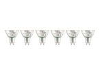 Six GU10 halogen light bulbs arranged in a row on a white background.