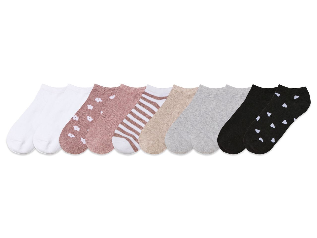 Ten pairs of Kids’ Trainer socks in various colors and patterns.