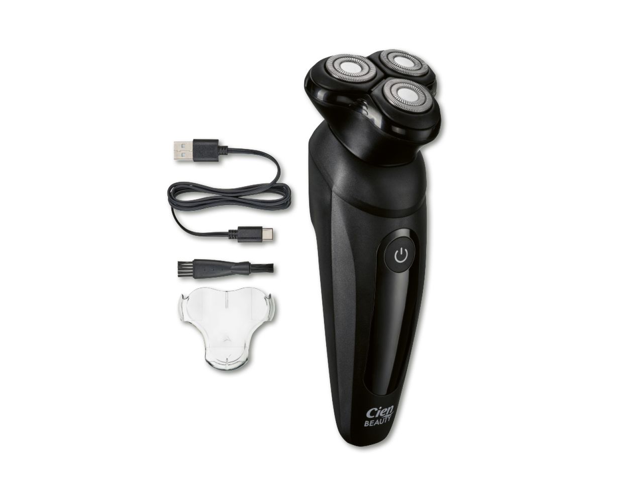 Cien Beauty elektriskā skuveklis ar USB kabeli, tīrīšanas suku un aizsargvāciņu.