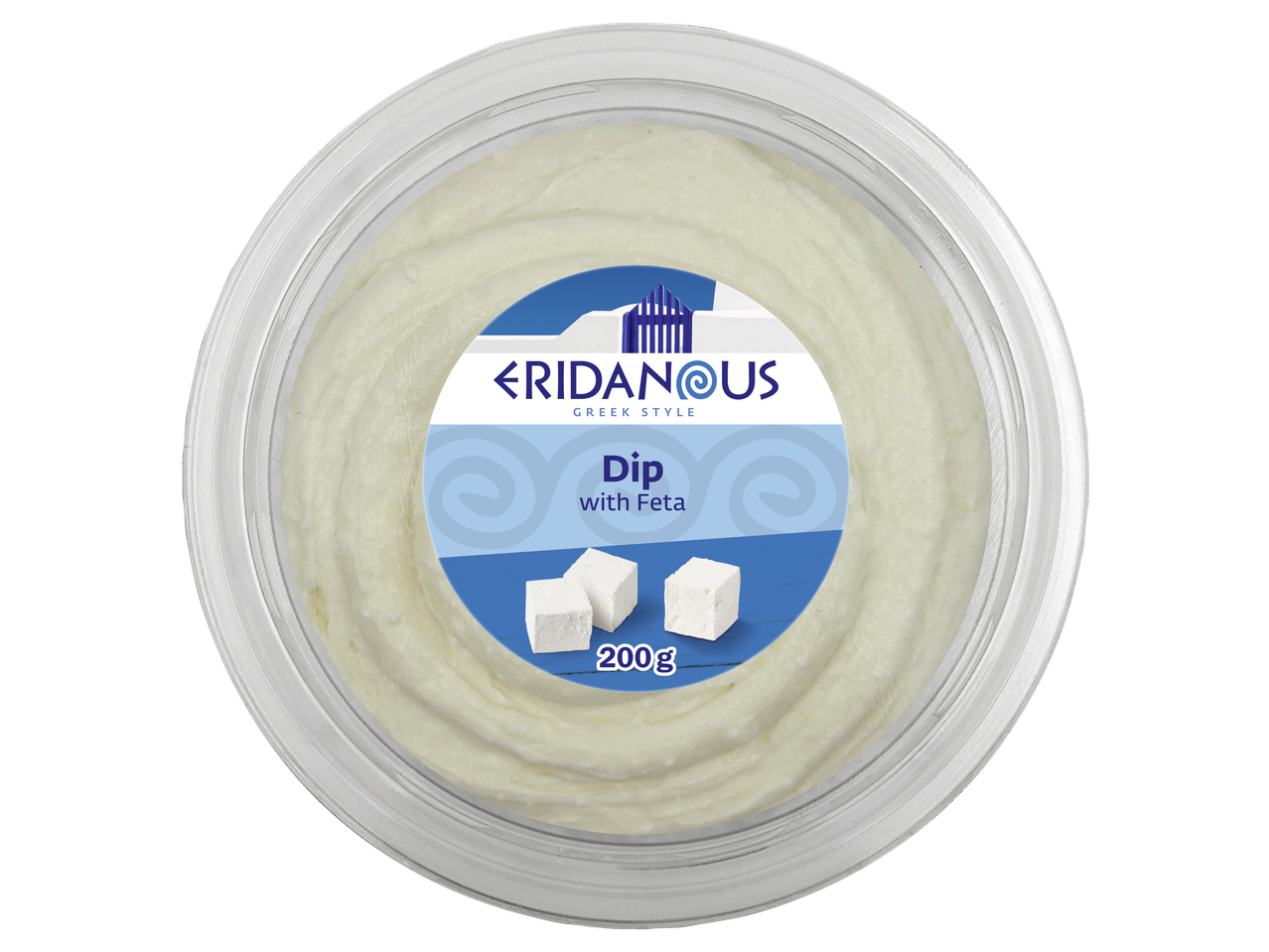 Eridanous Griekse Stijl Dip met Feta, 200g, in een doorzichtige ronde verpakking.