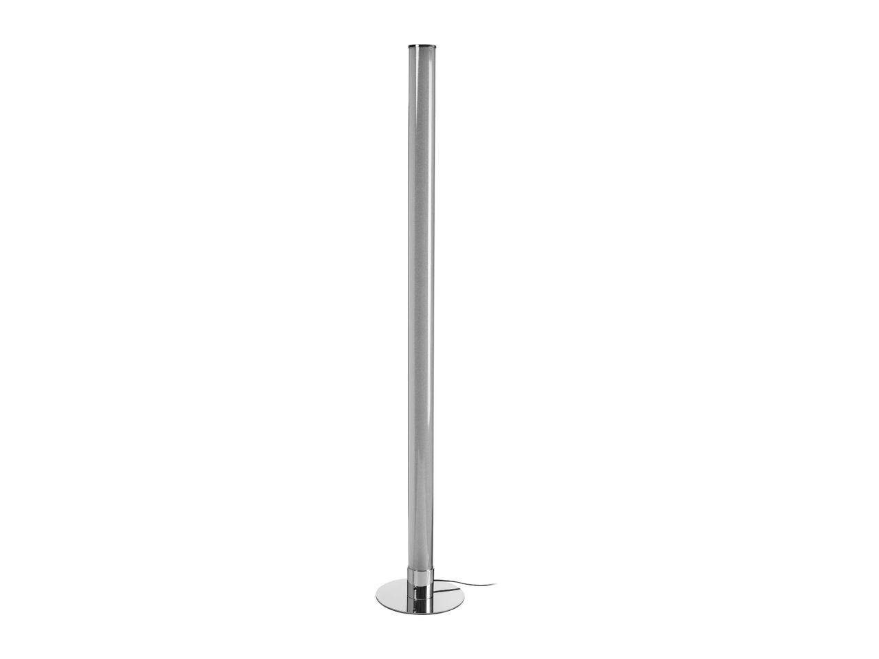 Modern floor lamp with a tall, cylindrical silver body and a round chrome base