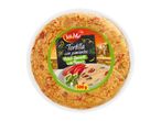 Round potato omelette with peppers, featuring a label with a slice of the omelette and peppers.