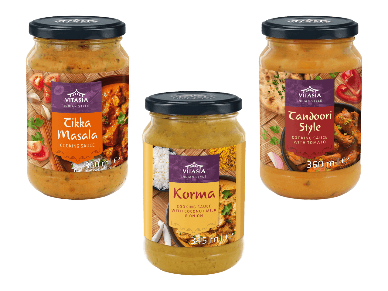 Vitasia intialaistyyliset kastikkeet: Tikka Masala, Korma ja Tandoori.