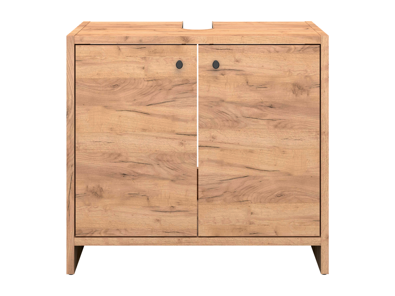 Armário de casa de banho LIVARNO em madeira clara com duas portas e puxadores pretos