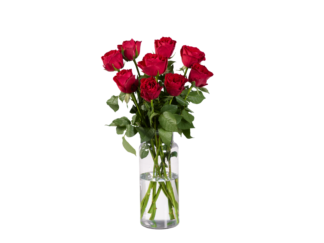 Un buchet de trandafiri roșii într-o vază de sticlă.