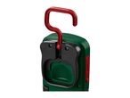 Close-up of a green and black work light with a red hook on a white background.