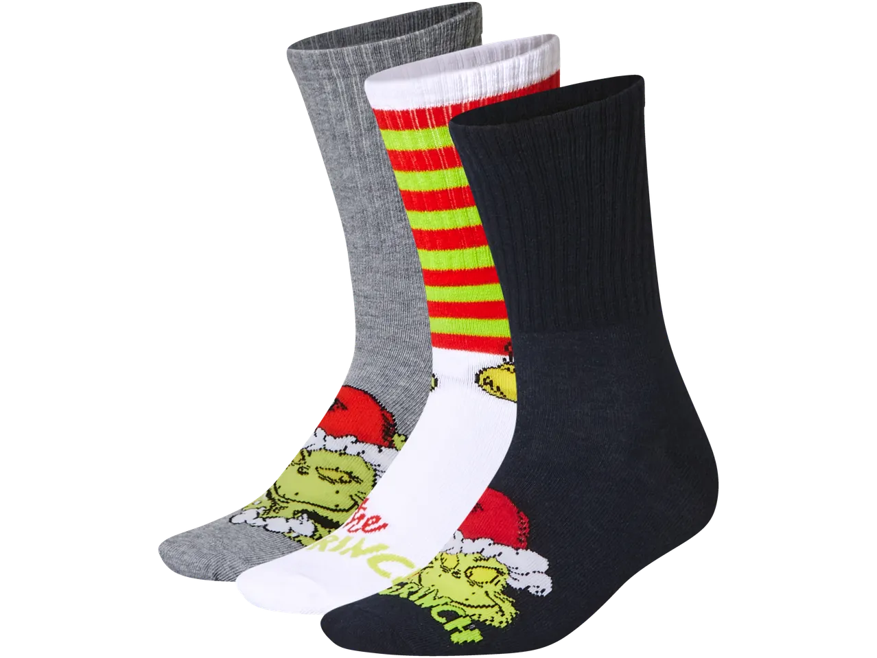 Grinčo 3 porų kojinių rinkinys: pilkos, baltos dryžuotos ir juodos su Grinčo piešiniais