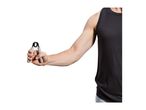 Man in black tank top holding a hand grip strengthener.