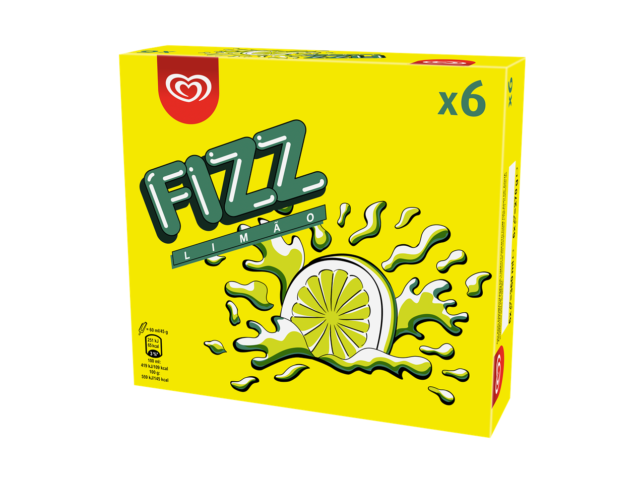 Caixa amarela de gelado FIZZ LIMAO com uma fatia de lima e salpicos verdes, 6 unidades.