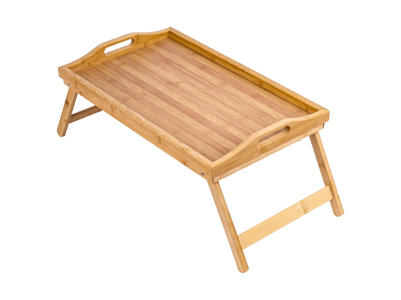 A light brown wooden bed tray with foldable legs and handles.