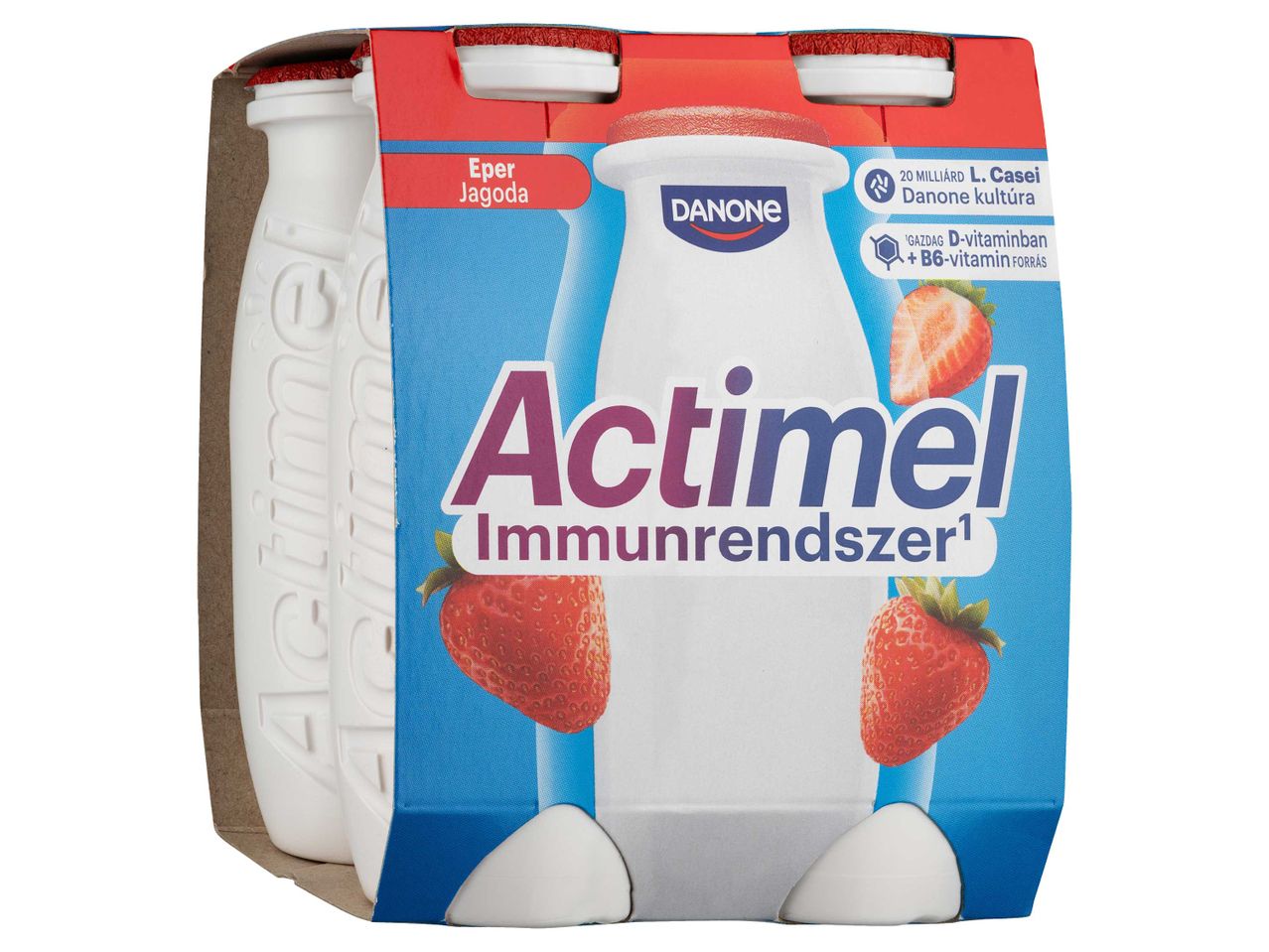 Actimel immunerősítő joghurt ital 4 db-os csomagolásban, eper ízesítéssel.