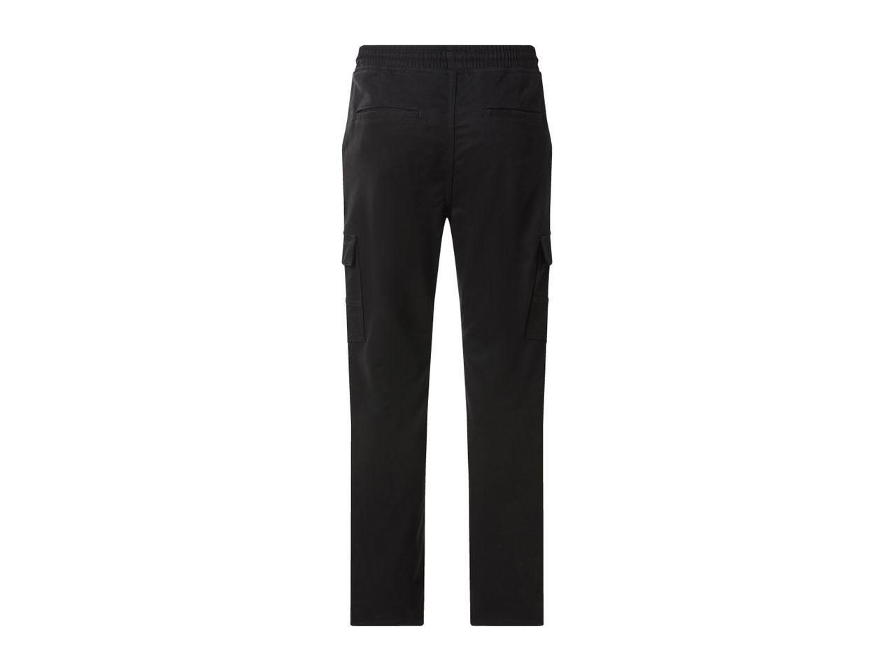 Men's black cargo trousers, back view