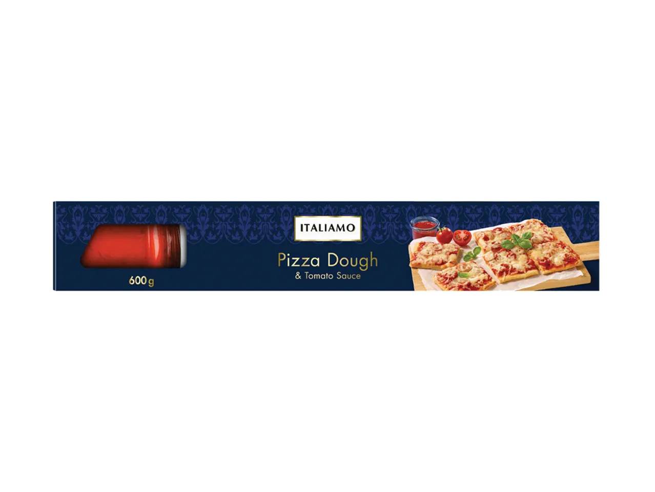 Pakovanje testa za picu i paradajz sosa, sa slikom gotove pice.