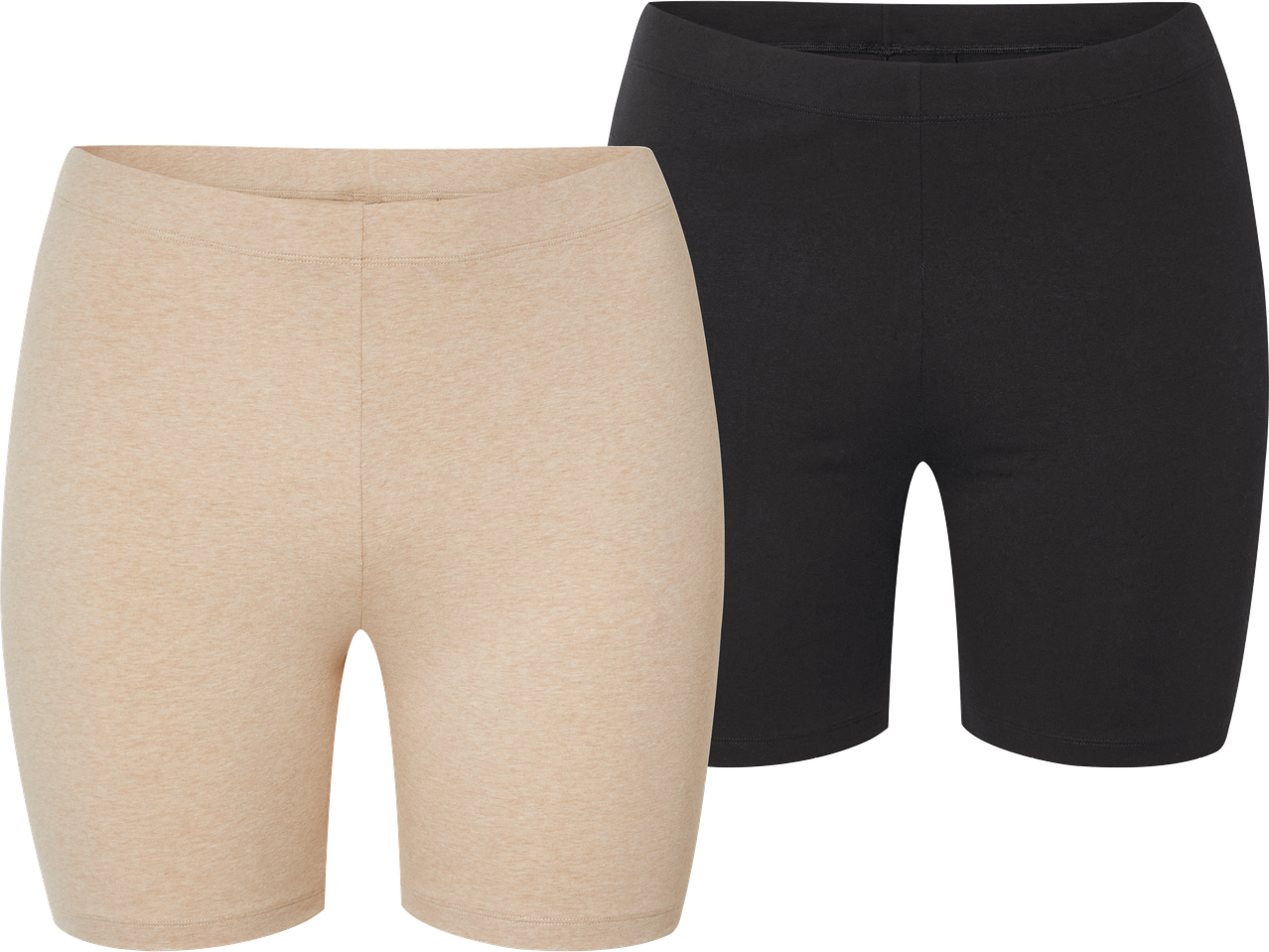 Två par cykelbyxor i beige och svart.