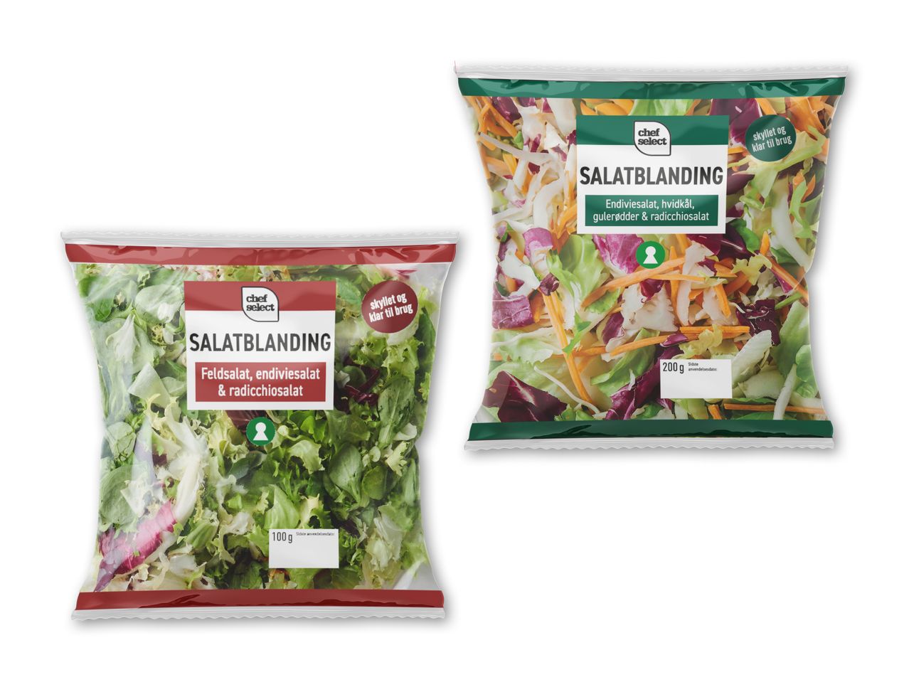 To poser salatblanding: en med feldsalat, endiviesalat og radicchio, og en med endiviesalat, hvidkål, gulerødder og radicchio.
