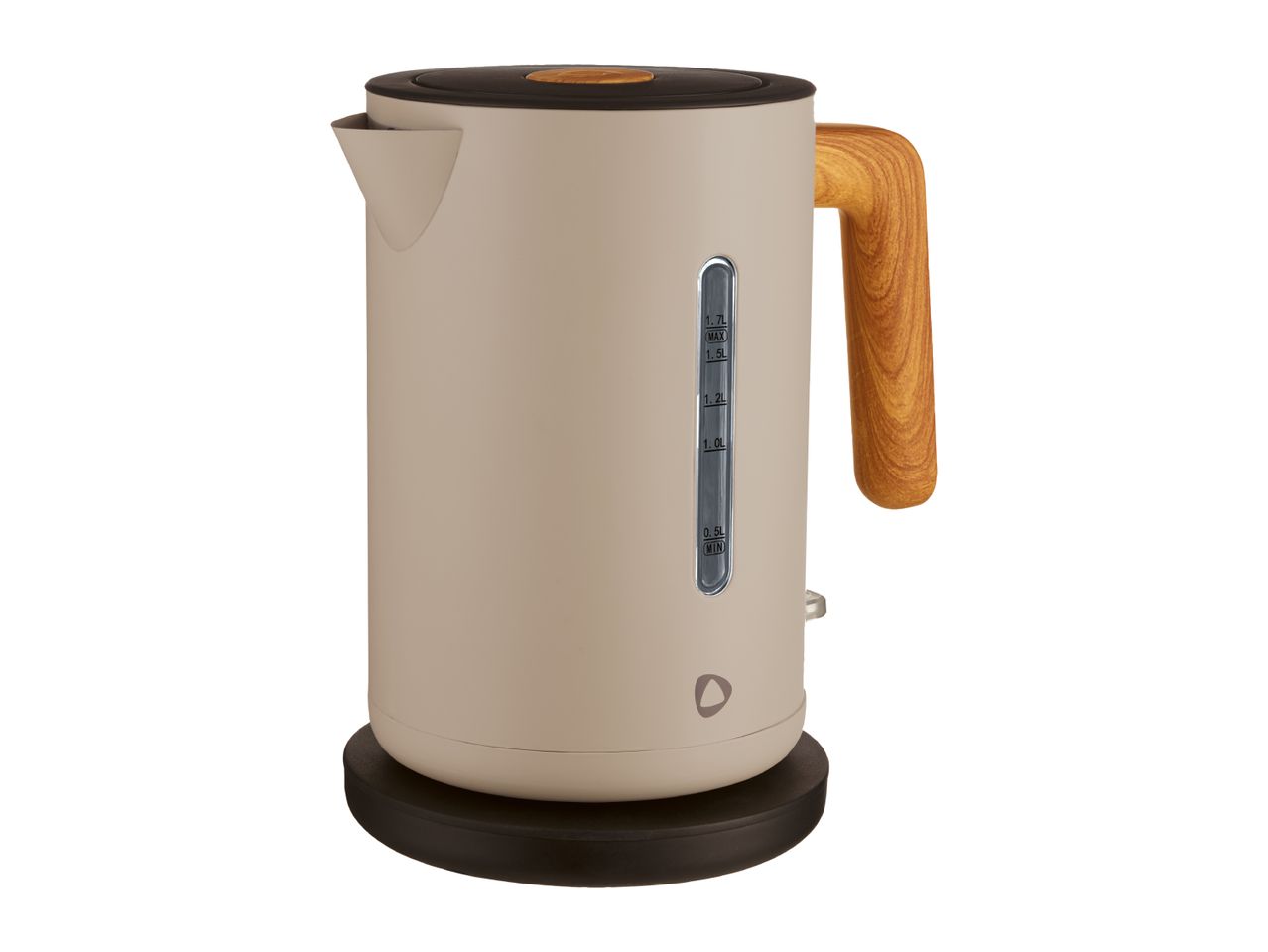 Cream electric kettle with a wooden handle and a water level indicator.