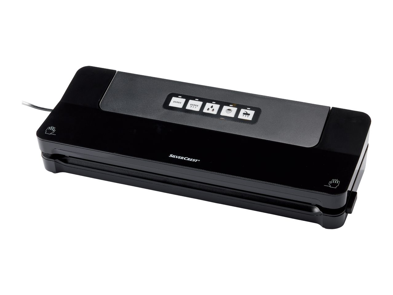 A black FoodSaver vacuum sealer sits on a white background.