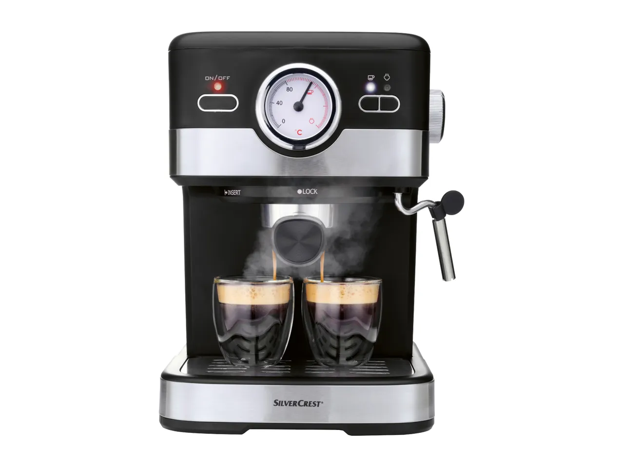 SilverCrest espresso machine brewing two cups of coffee with steam rising.