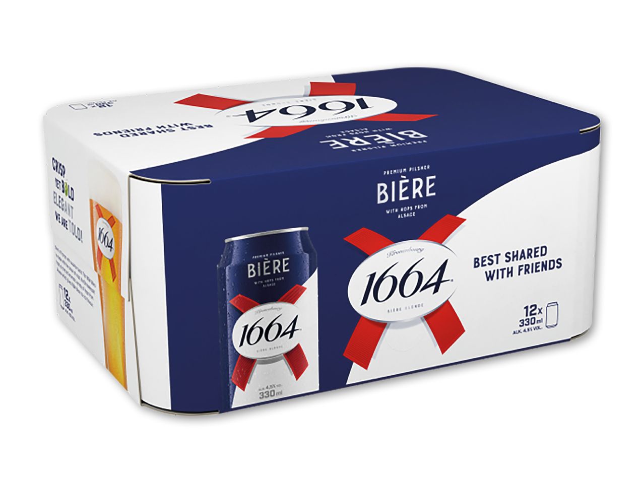 En 12-pakke øl med teksten 'BEST SHARED WITH FRIENDS' og 'PREMIUM PILSNER BIÈRE'.