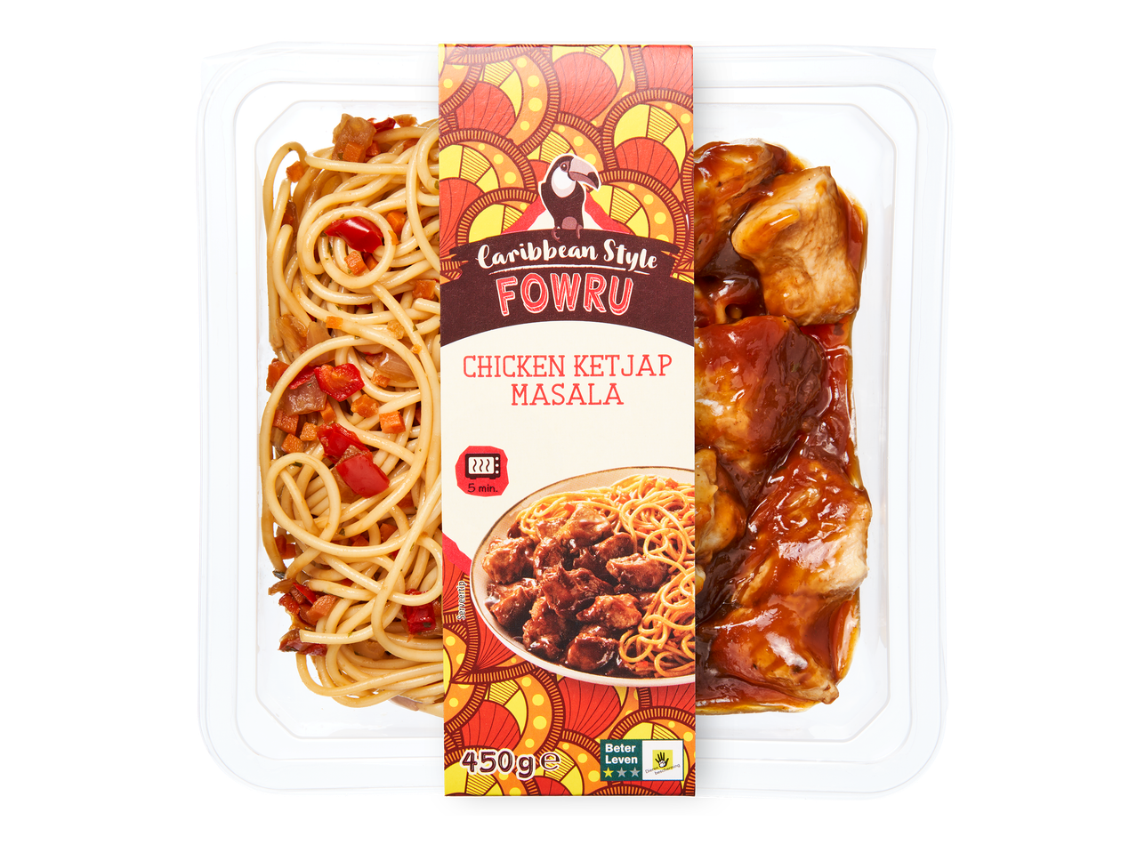 Kant-en-klaarmaaltijd met kip ketjap masala en spaghetti, 450g, Caribische stijl.
