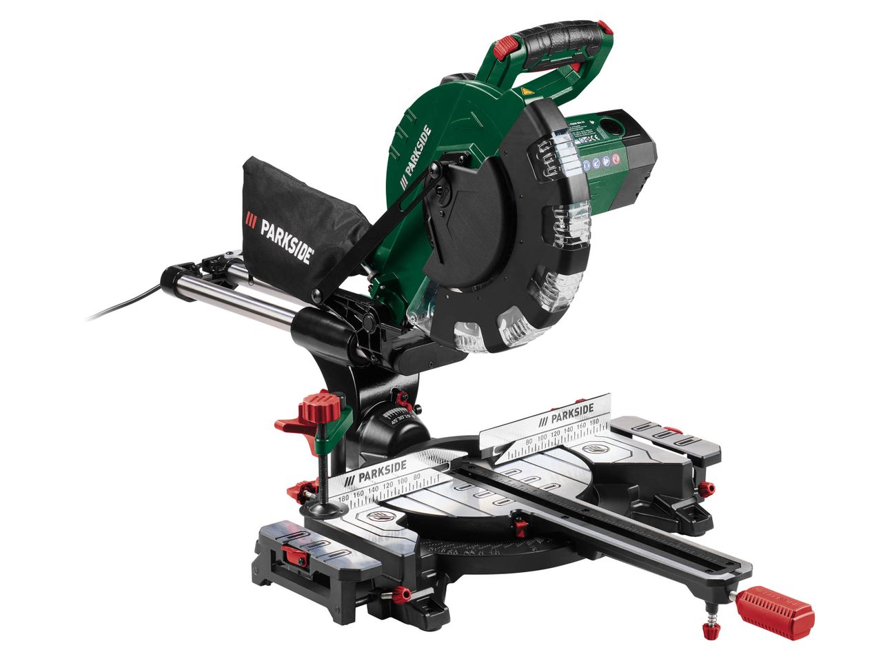 Sega circolare per tagli obliqui Parkside con sacchetto raccoglipolvere e righello graduato.